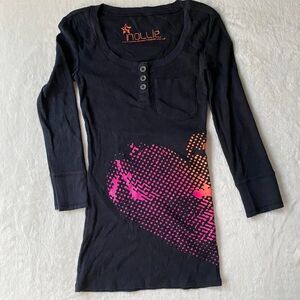 Vintage Y2k Nollie Thermal Henley Quarter Sleeve Black Heart scoop neck XS